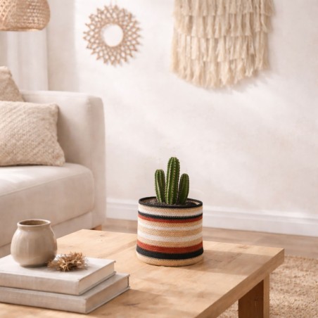 Panier jonc de mer rayé beige marron 23x21cm | Hashtag Déco