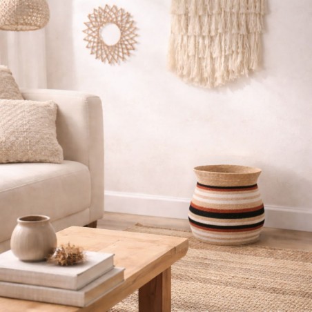 Panier amphore jonc de mer rayé marron beige | Hashtag Déco