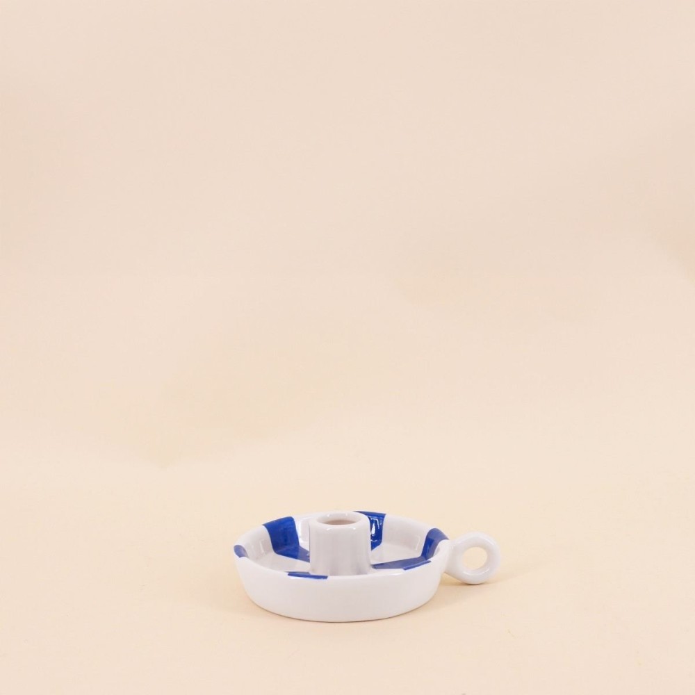 Bougeoir céramique rayé blanc et bleu 15cm | Hashtag Déco