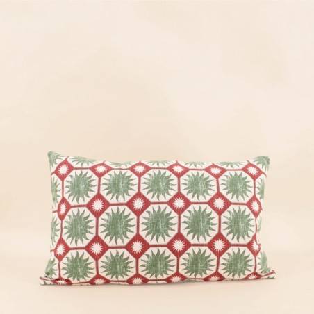 Coussin coton vert imprimé soleil 30x50cm | Hashtag Déco