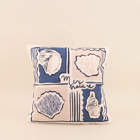 Coussin coton flammé imprimé coquillages bleu | Hashtag Déco