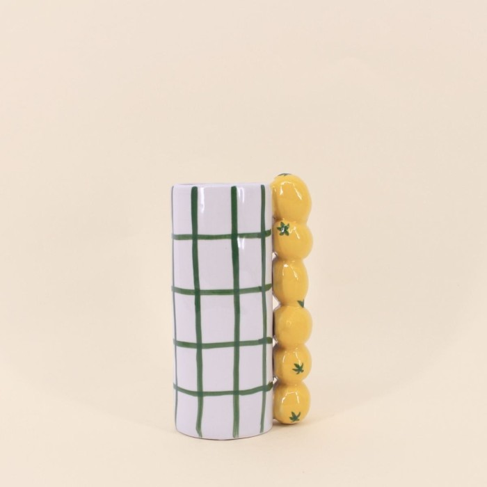 Vase quadrillé vert en grès, citrons relief | Hashtag Déco