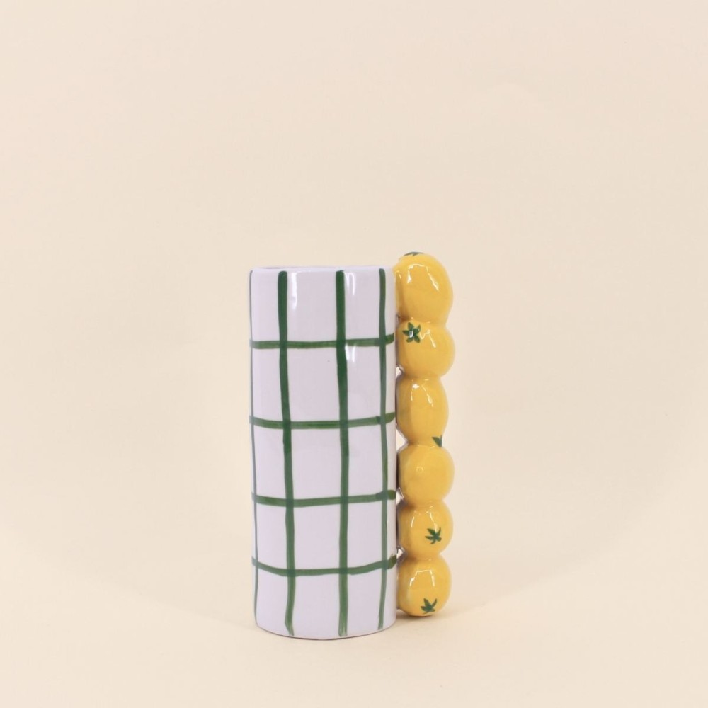 Vase quadrillé vert en grès, citrons relief | Hashtag Déco
