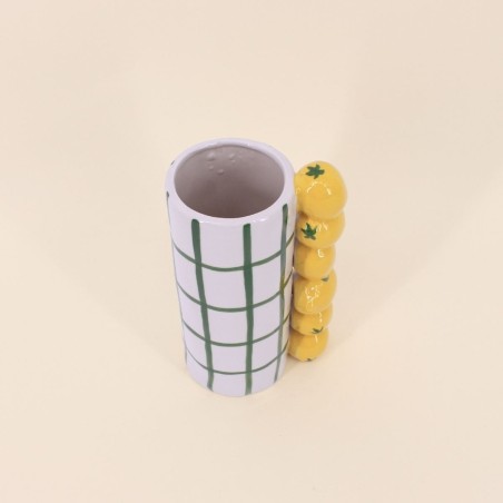 Vase quadrillé vert en grès, citrons relief | Hashtag Déco
