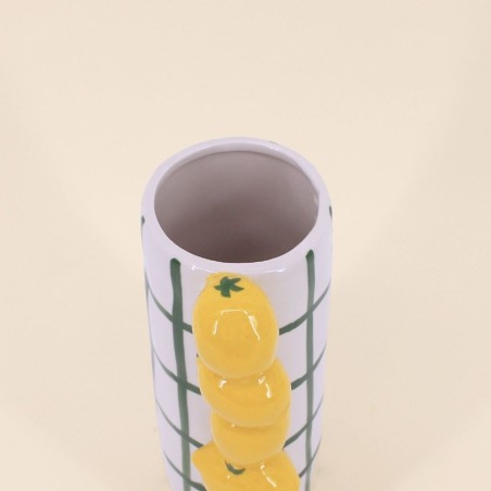 Vase quadrillé vert en grès, citrons relief | Hashtag Déco