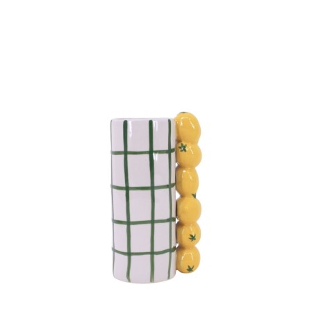 Vase quadrillé vert en grès, citrons relief | Hashtag Déco