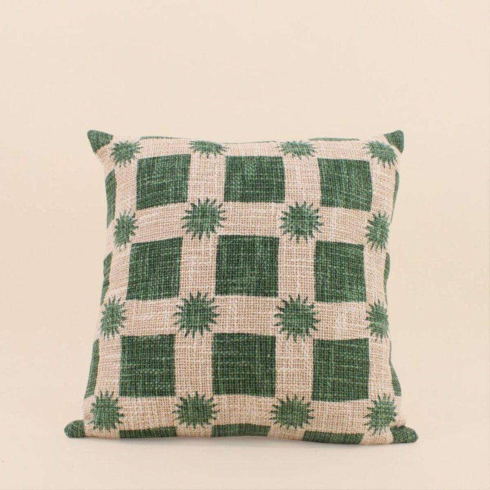 Coussin coton soleils verts 40x40cm | Hashtag Déco