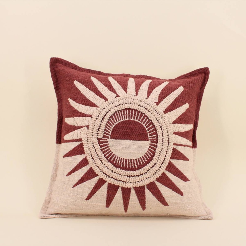 Coussin coton flammé soleil brodé terracotta | Hashtag Déco
