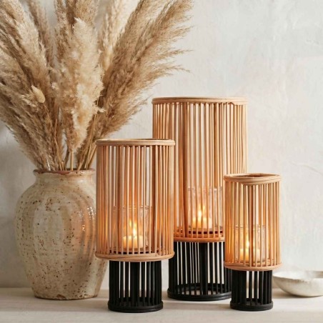 Set de 3 lanternes en bambou naturel, noir