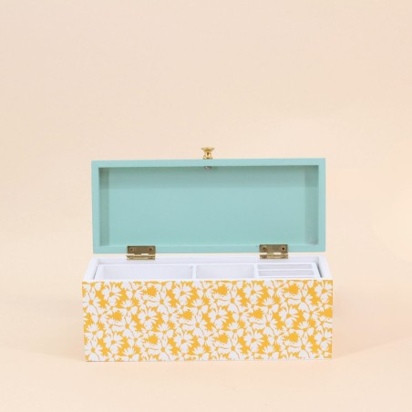 Boite à bijoux bois motifs fleuris vert jaune | Hashtag Déco