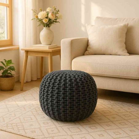 Pouf rond tricot gris 40x30cm pour salon | Hashtag Déco