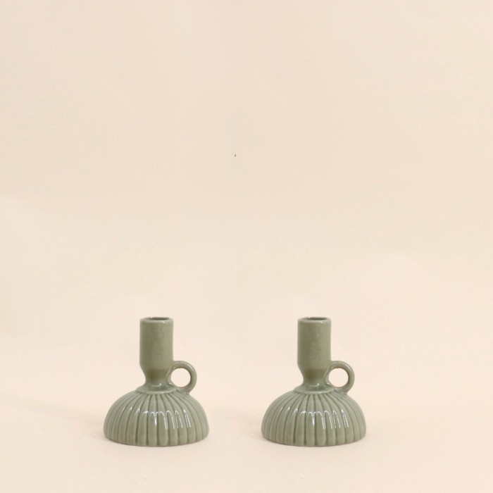 Lot de 2 bougeoirs céramique strié vert | Hashtag Déco