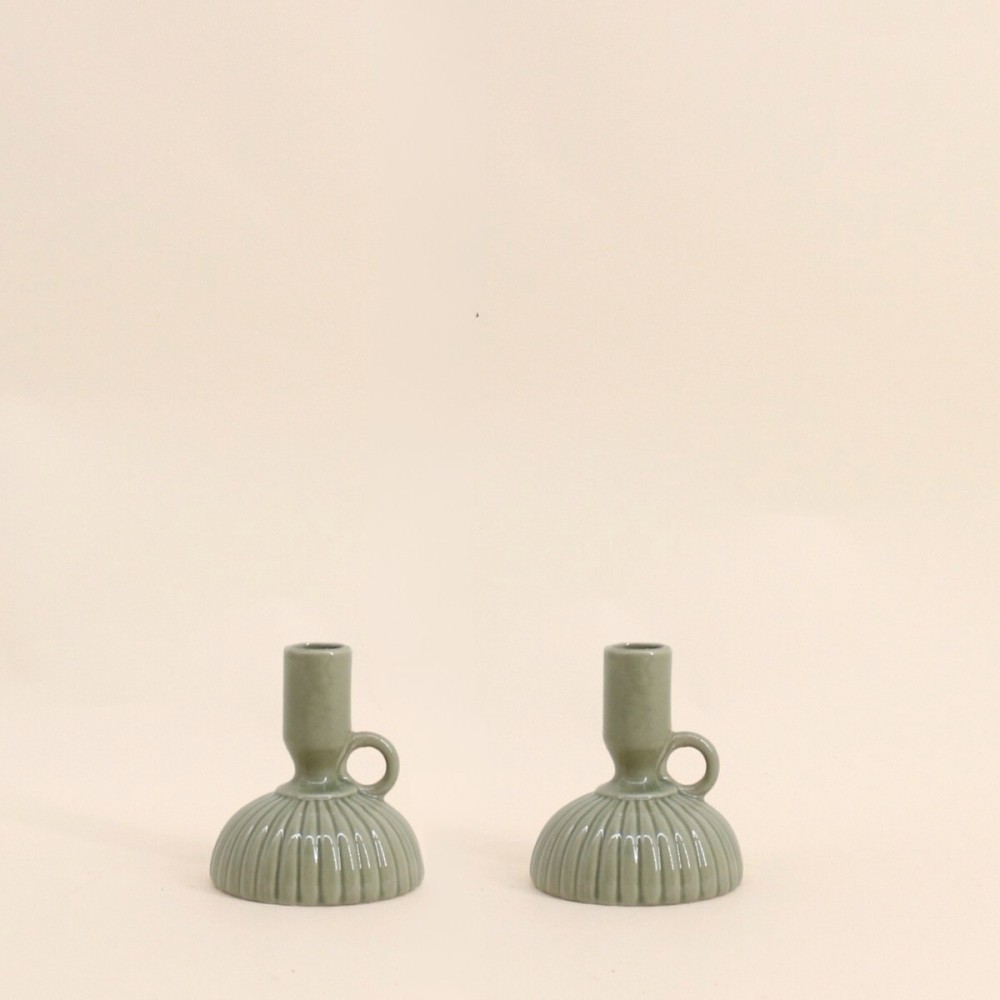 Lot de 2 bougeoirs céramique strié vert | Hashtag Déco
