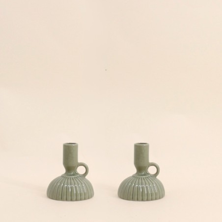 Lot de 2 bougeoirs céramique strié vert | Hashtag Déco
