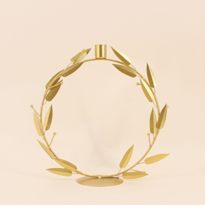 Bougeoir rond 30cm feuilles dorées métal | Hashtag Déco