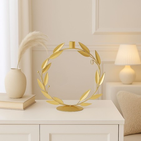 Bougeoir rond 30cm feuilles dorées métal | Hashtag Déco