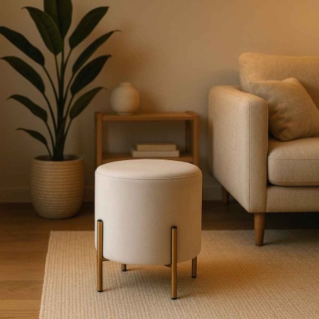 Pouf en velours beige rond, pieds dorés | Hashtag Déco
