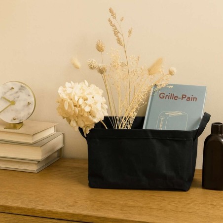 Panier rectangulaire noir en osier avec poignées | Hashtag Déco