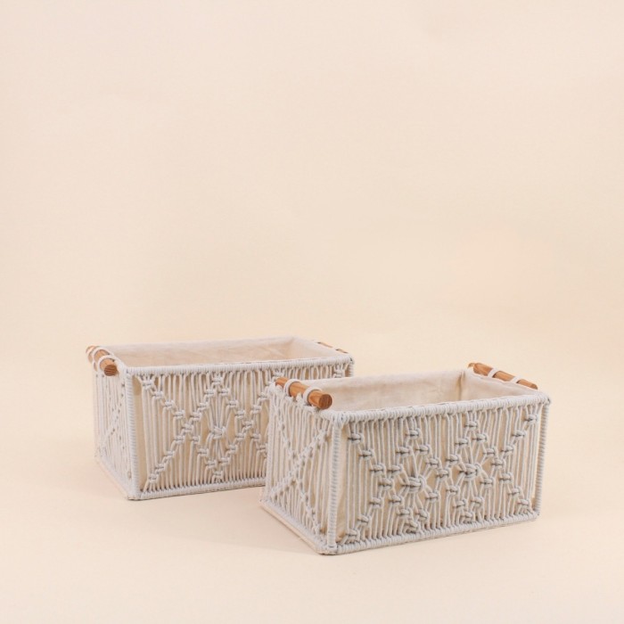 Set de 2 paniers déco macramé en tissu beige | Hashtag Déco