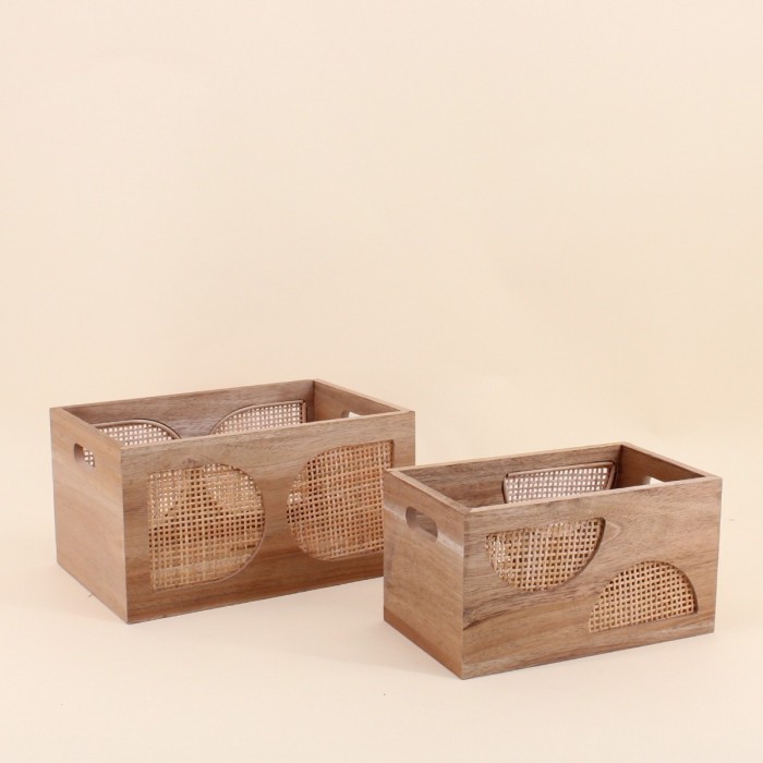 Set de 2 caisses bois et rotin naturel | Hashtag Déco