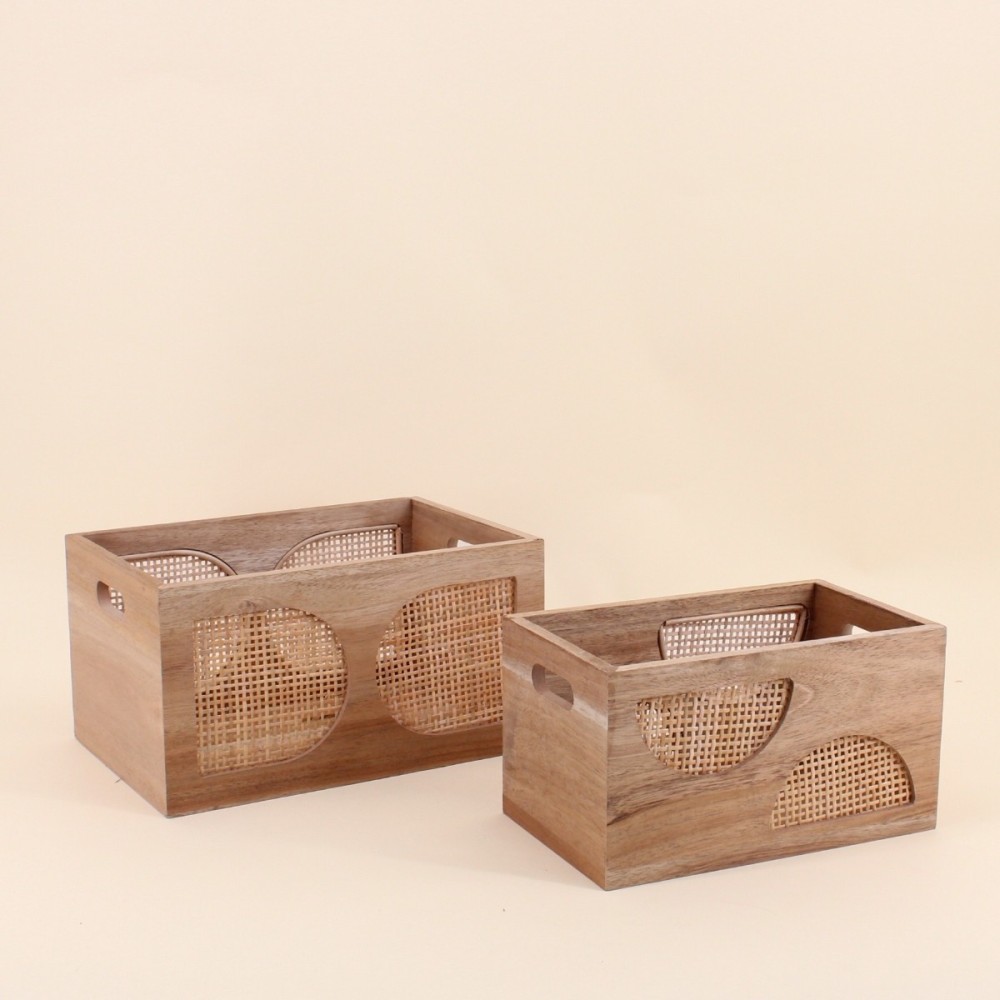 Set de 2 caisses bois et rotin naturel | Hashtag Déco
