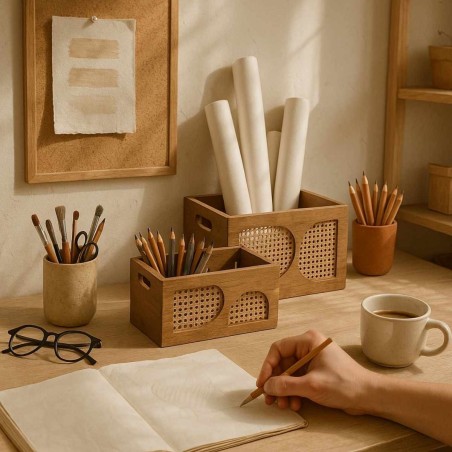 Set de 2 caisses bois et rotin naturel | Hashtag Déco
