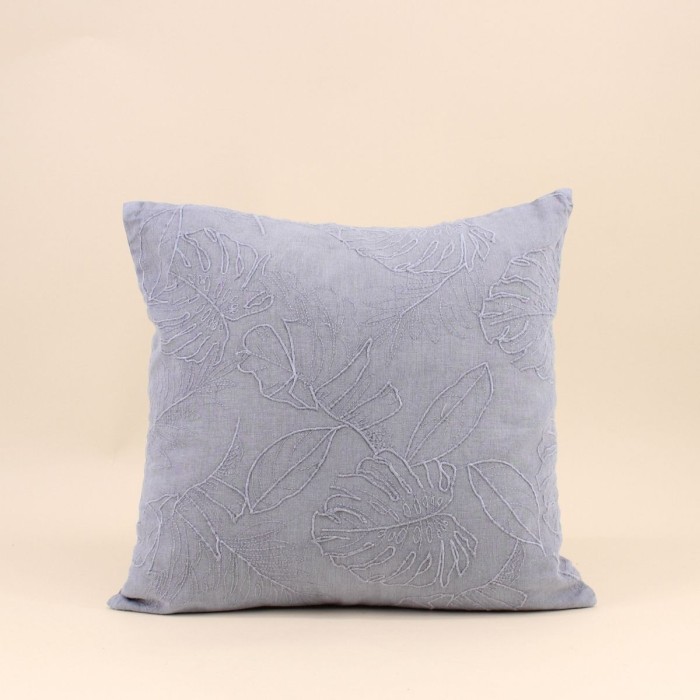 Coussin brodé feuillage en lin gris 40x40 cm | Hashtag Déco