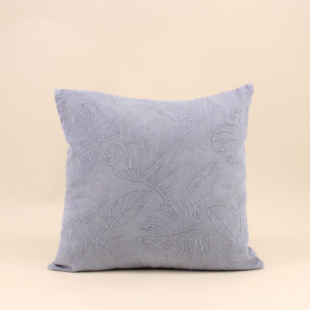 Coussin brodé feuillage en lin gris 40x40 cm | Hashtag Déco