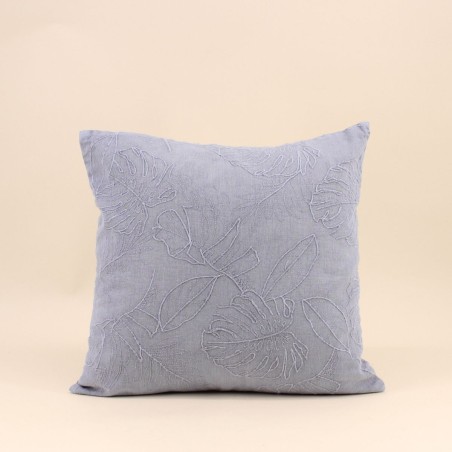 Coussin brodé feuillage en lin gris 40x40 cm | Hashtag Déco