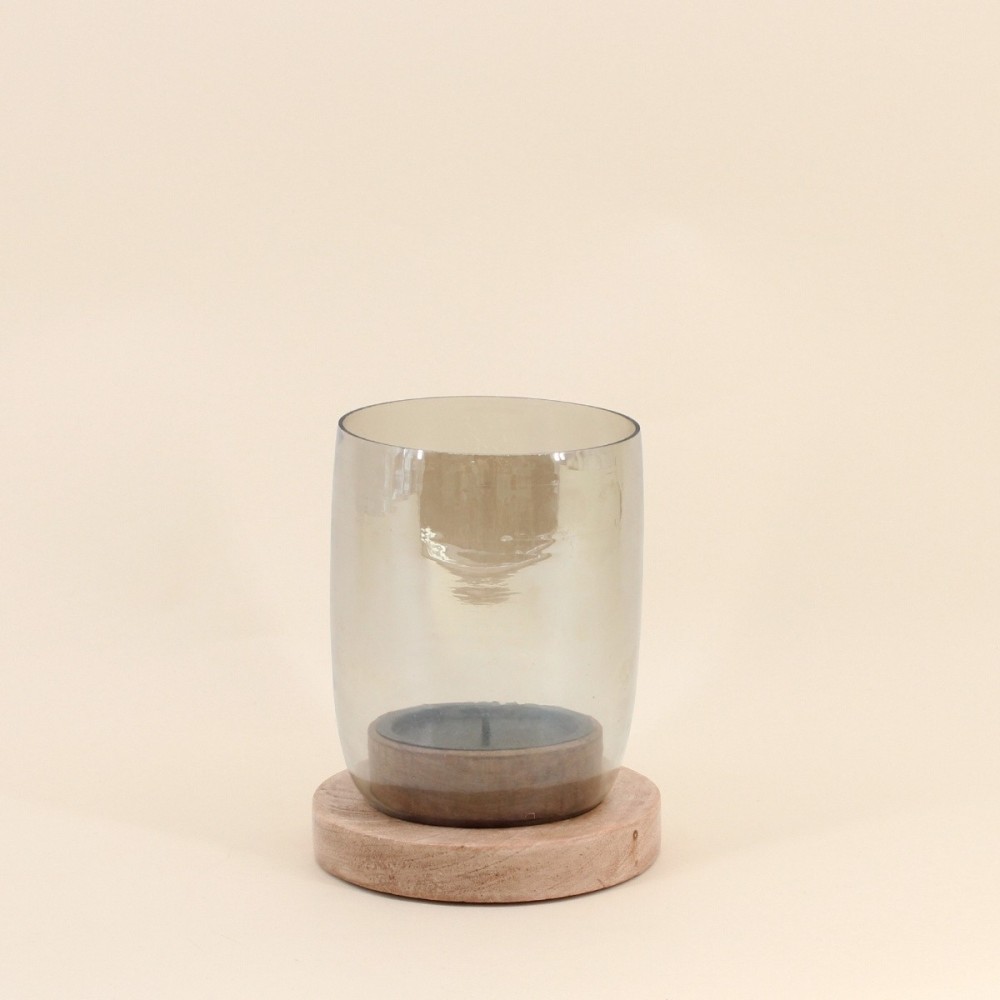 Photophore en verre et bois naturel 19x15cm | Hashtag Déco