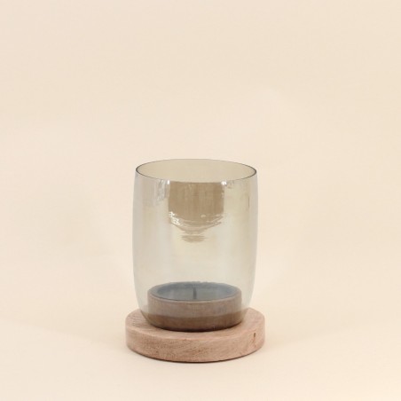 Photophore en verre et bois naturel 19x15cm | Hashtag Déco