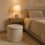 Pouf coffre en velours beige 38cm élégant | Hashtag Déco