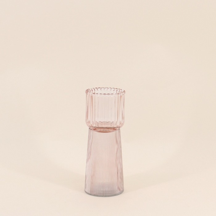 Bougeoir en verre strié rose 19cm | Hashtag Déco