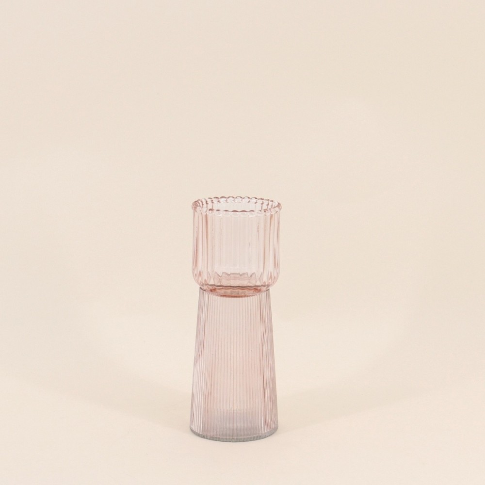 Bougeoir en verre strié rose 19cm | Hashtag Déco