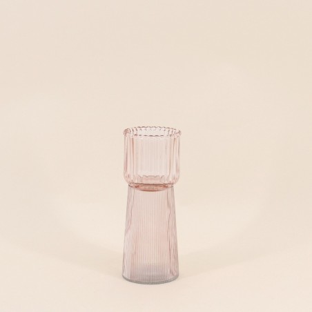 Bougeoir en verre strié rose 19cm | Hashtag Déco