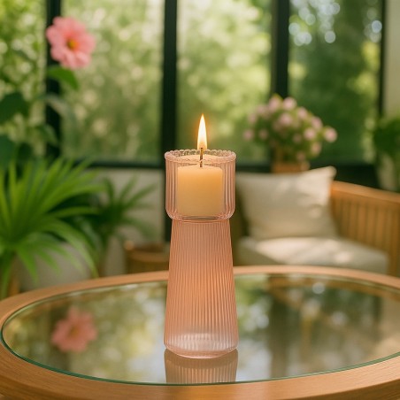 Bougeoir en verre strié rose 19cm | Hashtag Déco