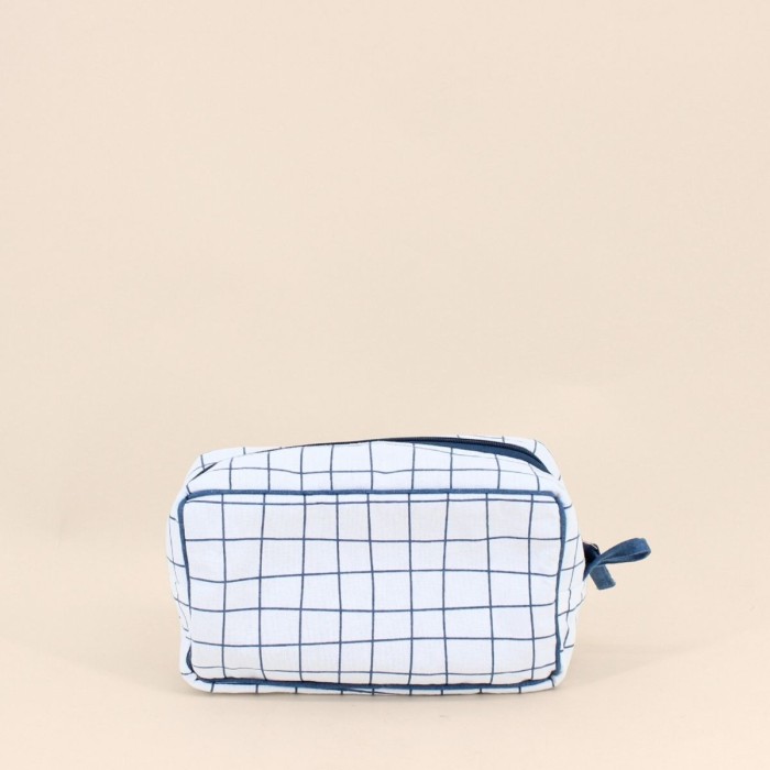 Trousse de toilette coton quadrillage bleu 24x13cm | Hashtag Déco