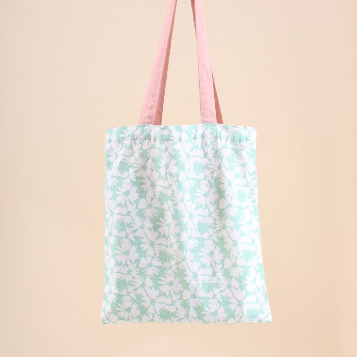 Tote bag coton fleurs vert et blanc 35x30cm | Hashtag Déco