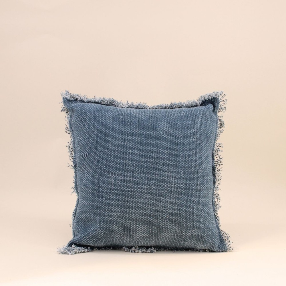 Coussin effet jean à franges bleu 40x40cm | Hashtag Déco