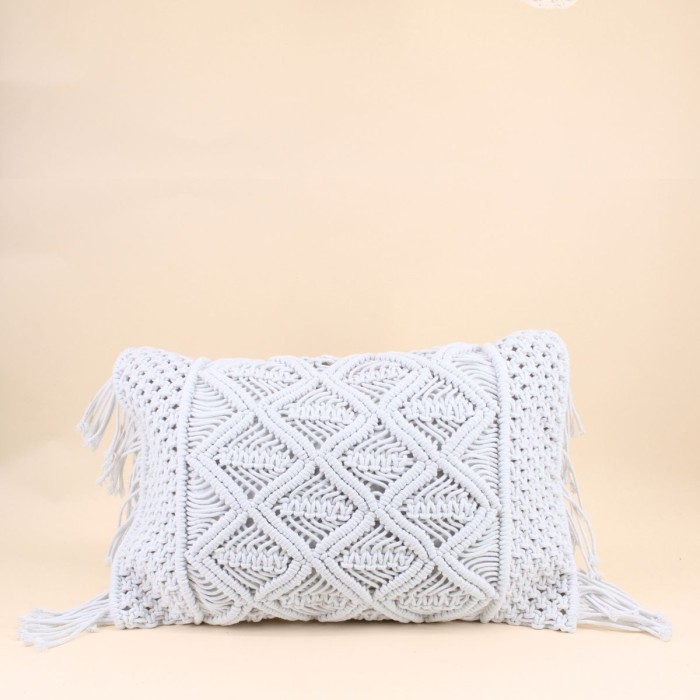 Coussin macramé blanc 40x60cm en tissu | Hashtag Déco