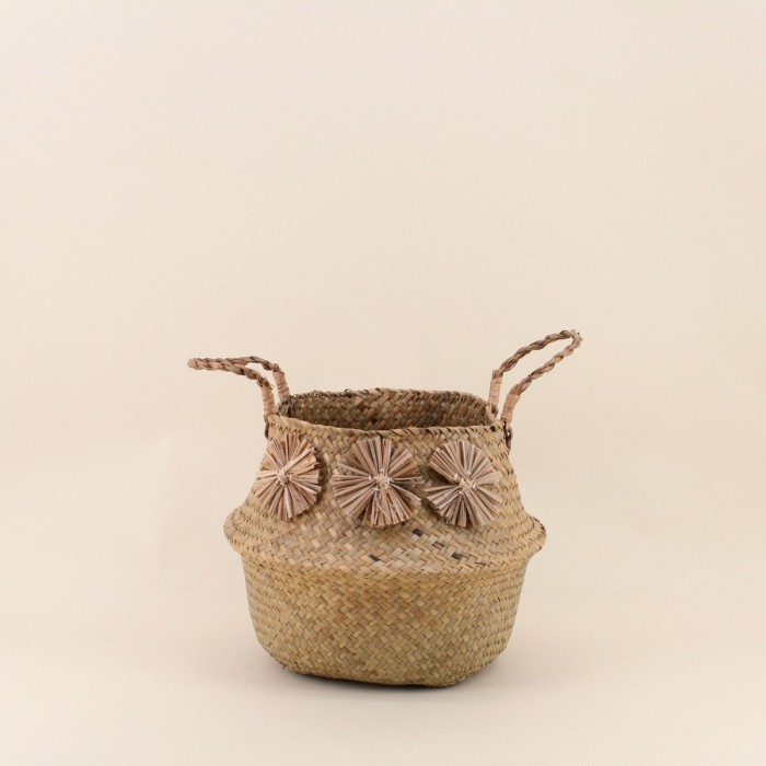 Panier en fibres naturelles avec pompons 31x27cm