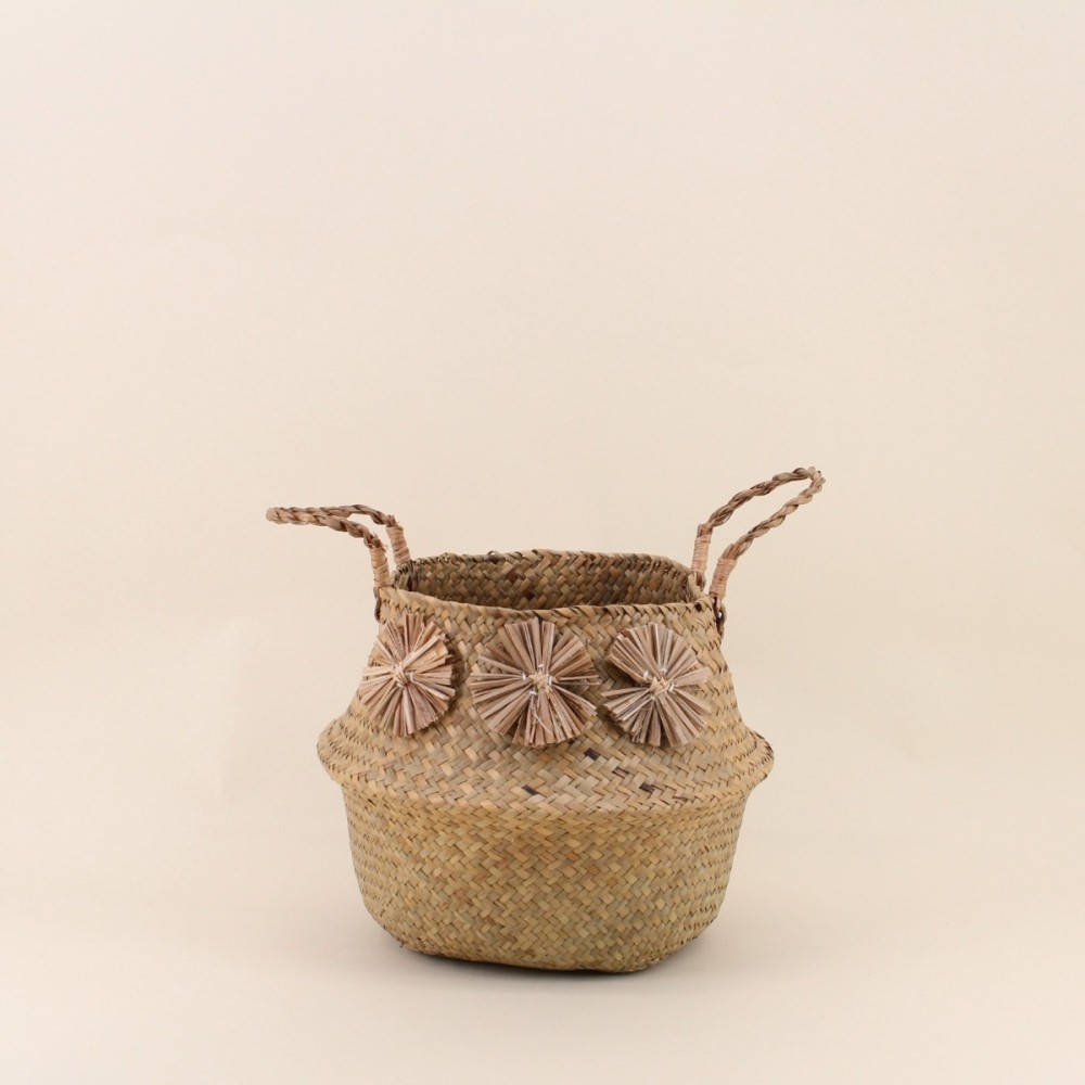 Panier en fibres naturelles avec pompons 31x27cm