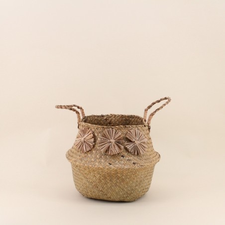 Panier en fibres naturelles avec pompons 31x27cm