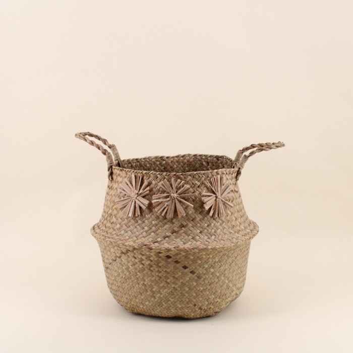 Panier naturel avec pompons 35x31cm