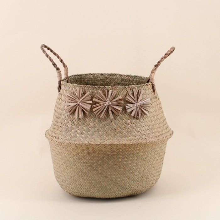 Panier en fibres naturelles avec pompons 38x33cm