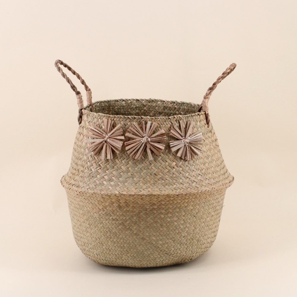 Panier en fibres naturelles avec pompons 38x33cm