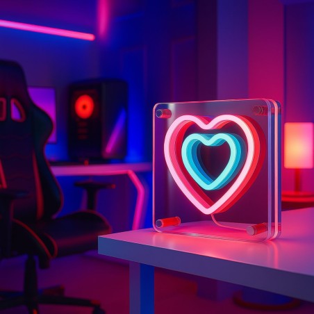 Cadre néon double coeur coloré 15x15cm