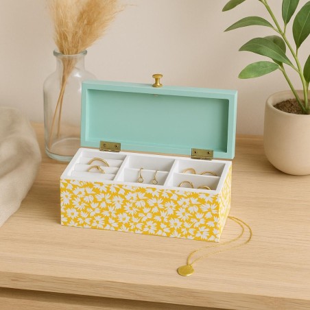 Boite à bijoux bois motifs fleuris vert jaune | Hashtag Déco