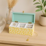 Boite à bijoux bois motifs fleuris vert jaune | Hashtag Déco