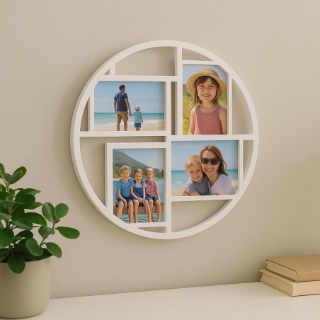 Cadre photo rond 4 vues blanc en bois 36cm | Hashtag Déco